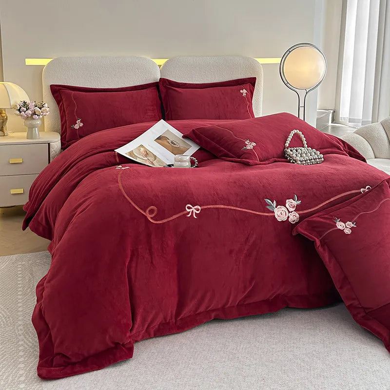 Anycozy Duvet Cover Set Red Flat Bed Sheet Luxury Heavy Fluffy Floral Embroidery Quilt Bedding