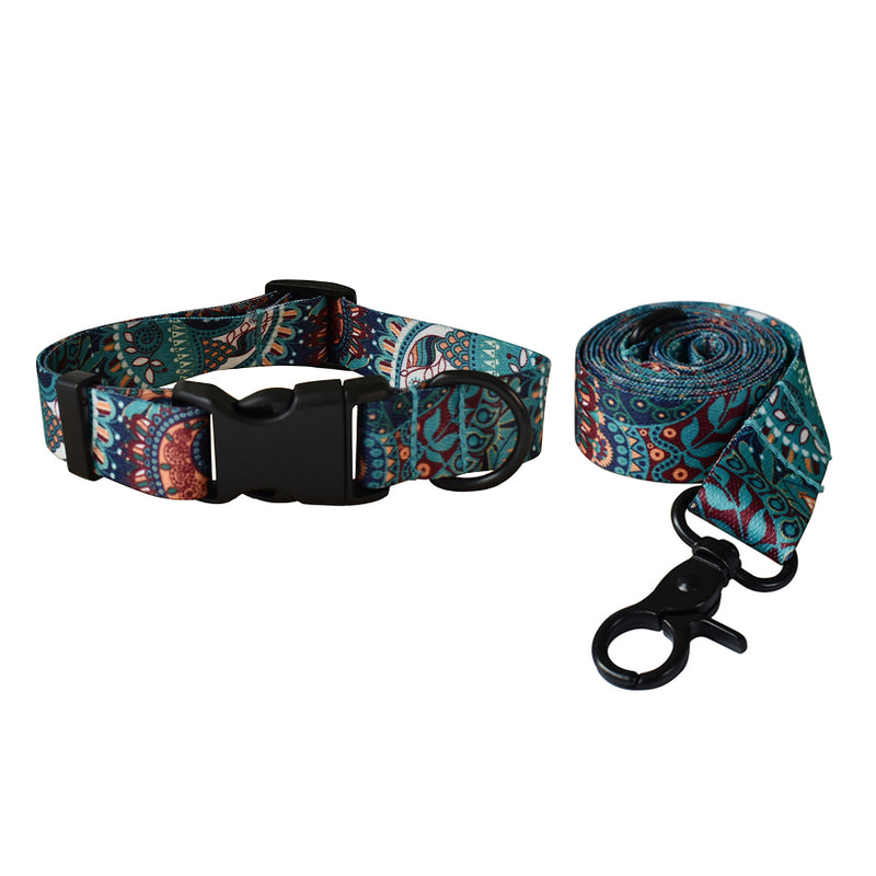 ANYWAGS Pet Collar Leash Set Green Aztec Design Sytlish Strap Comfortable Dog Accessory