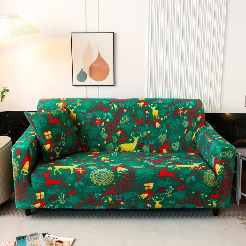 Anyseat Sofa Cover Green Christmas Reindeer Design Stretchable Non Slip Slipcover