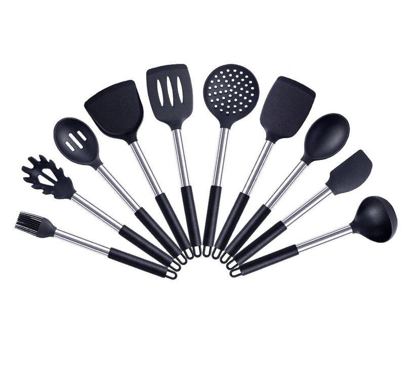 Anygleam Kitchen Utensils Non-stick Black/ Silver 10 Set Cooking Tool Accessories Heat Resistant Kitchenware