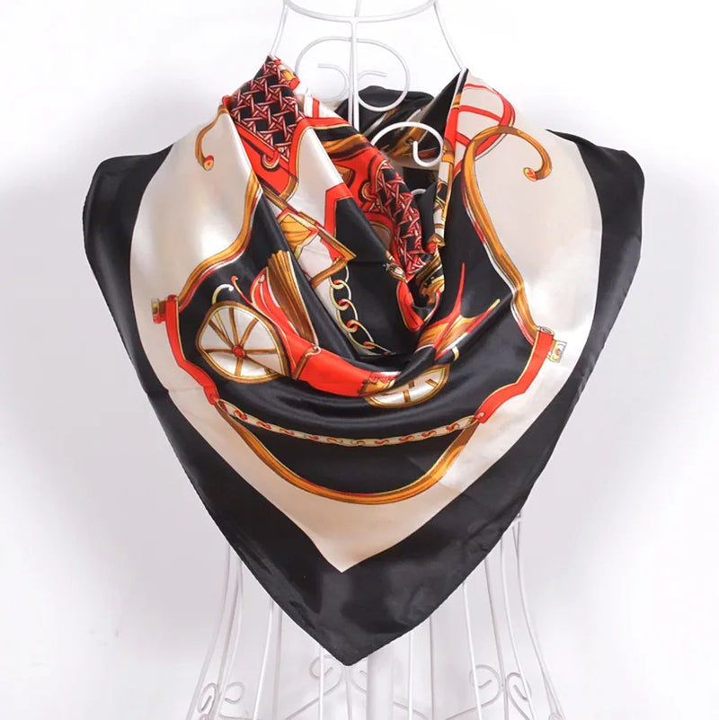 Anyyou Scarf for Women Carriage Black Print Square Silk Shawl For Summer Spring And Fall