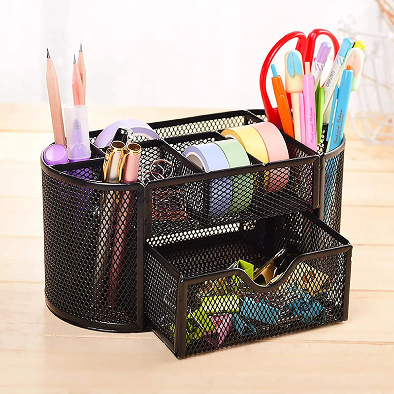 “AnyCraft Black Metal Mesh Desk Organizer with Large‑Capacity Compartments for Office & School Supplies”