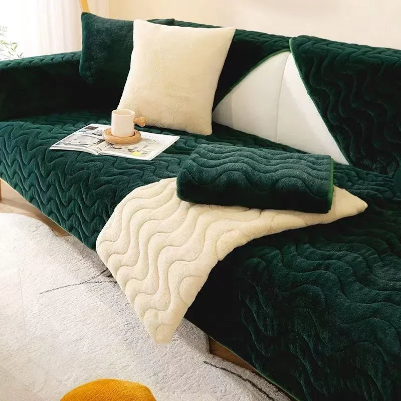 Anyseat Sofa Towel Super Soft Wave Dark Green Rabbit Plush Quilted Couch Cover L-shaped Sectional Anti-slip Sofa Cover