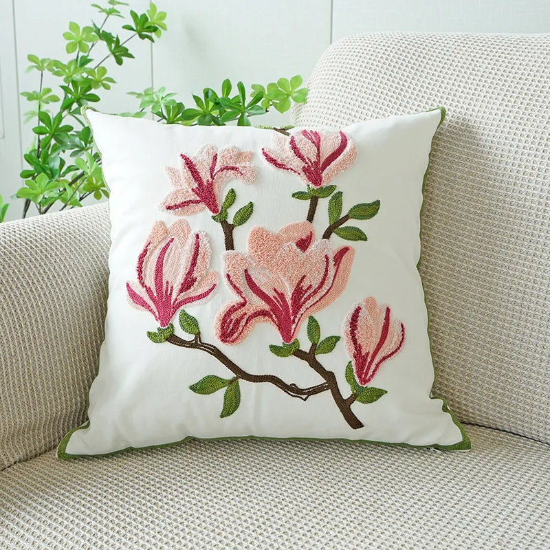 Anypillow Pillowcase White With Pink Magnolia Flower Embroidered Decorative Cushion Cover