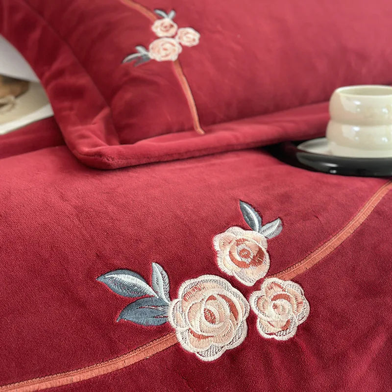 Anycozy Duvet Cover Set Red Flat Bed Sheet Luxury Heavy Fluffy Floral Embroidery Quilt Bedding