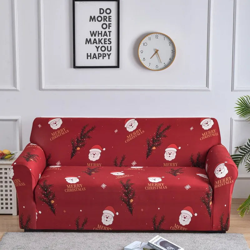 Anyseat Sofa Cover Maroon Christmas Santa Claus Design Stretchable Non Slip Slipcover