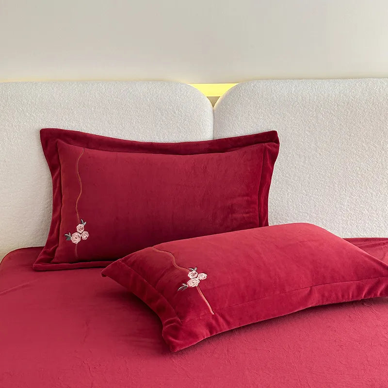 Anycozy Duvet Cover Set Red Flat Bed Sheet Luxury Heavy Fluffy Floral Embroidery Quilt Bedding