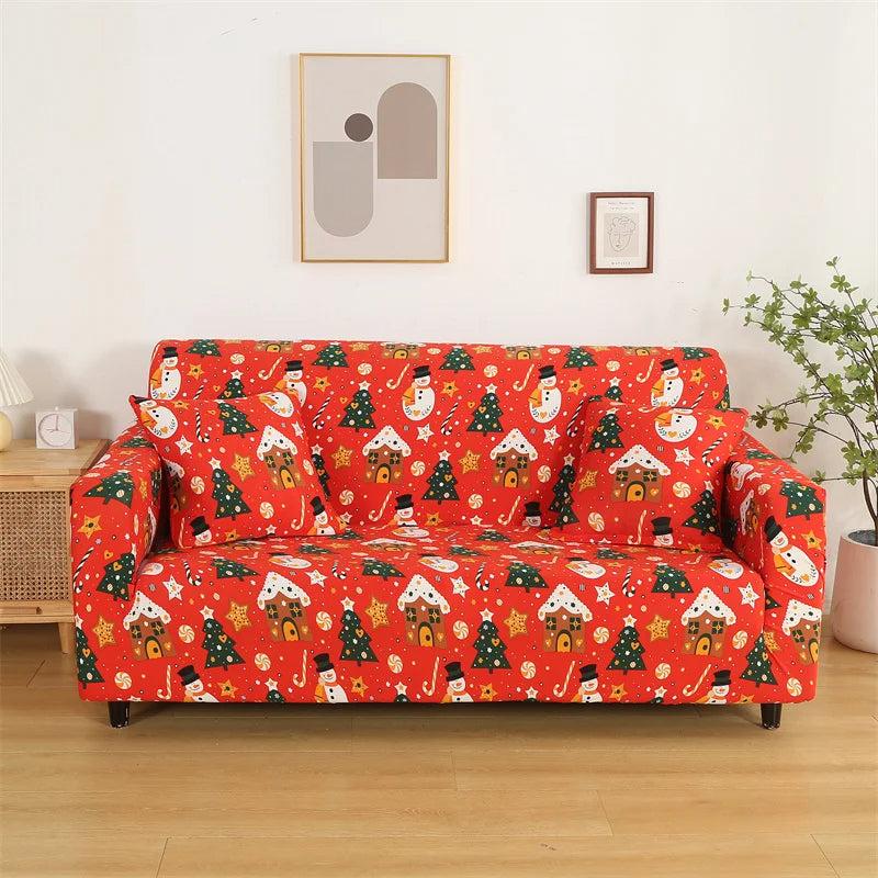 Anyseat Sofa Cover Orange Christmas Snowman Design Stretchable Non Slip Slipcover