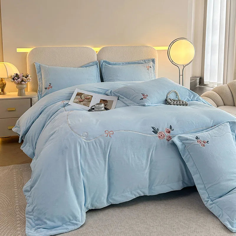 Anycozy Duvet Cover Set Light Blue Flat Bed Sheet Cozy Heavy Fluffy Floral Embroidery Quilt Bedding