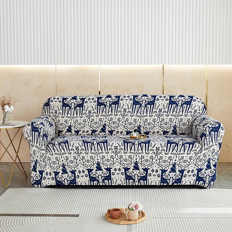 Anyseat Sofa Cover Blue Christmas Reindeer Design Stretchable Non Slip Slipcover