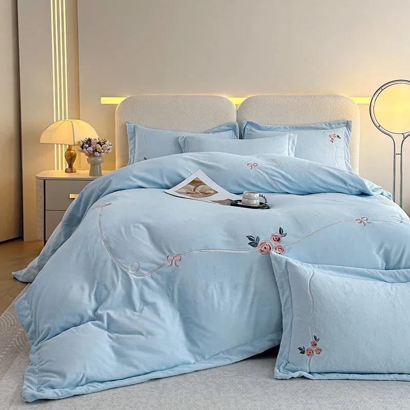 Anycozy Duvet Cover Set Light Blue Flat Bed Sheet Cozy Heavy Fluffy Floral Embroidery Quilt Bedding