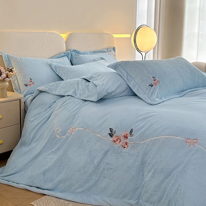 Anycozy Duvet Cover Set Light Blue Flat Bed Sheet Cozy Heavy Fluffy Floral Embroidery Quilt Bedding