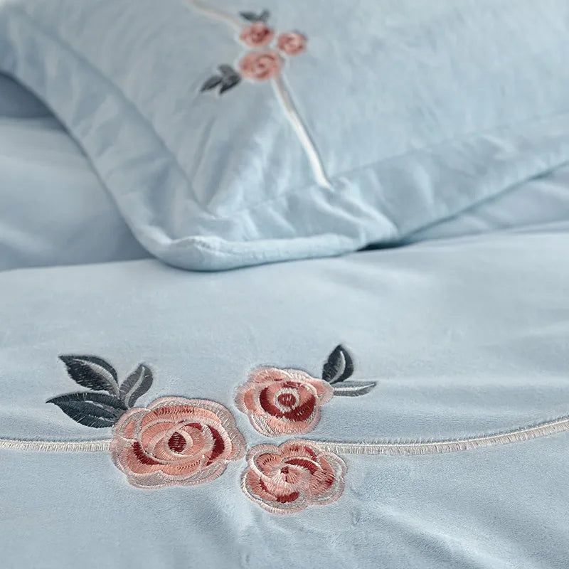 Anycozy Duvet Cover Set Light Blue Flat Bed Sheet Cozy Heavy Fluffy Floral Embroidery Quilt Bedding