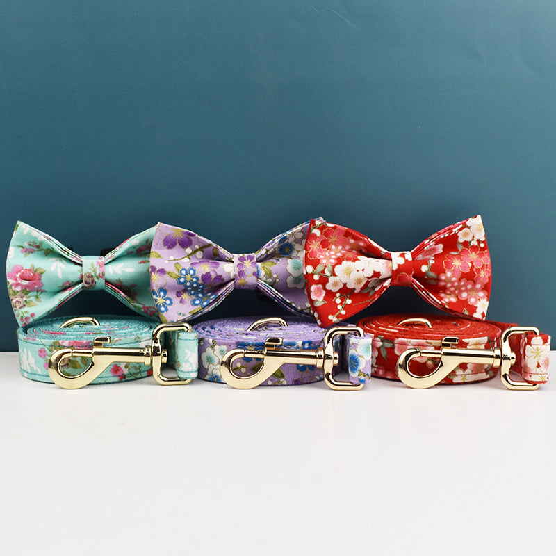 ANYWAGS Pet Bow Collar Leash Set White Floral Stylish Accessory with Safety Buckle Durable Strap