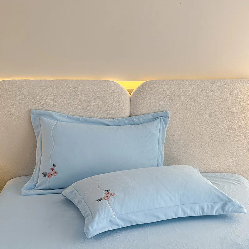 Anycozy Duvet Cover Set Light Blue Flat Bed Sheet Cozy Heavy Fluffy Floral Embroidery Quilt Bedding