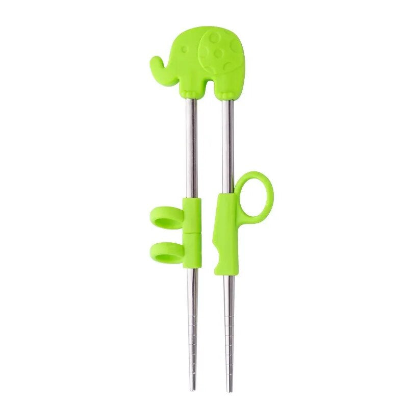 Anygleam Chop Stick Green Elephant 1 Pair Reusable Silver Stainless Steel Cartoon for Kids and Children Kitchen Accessories