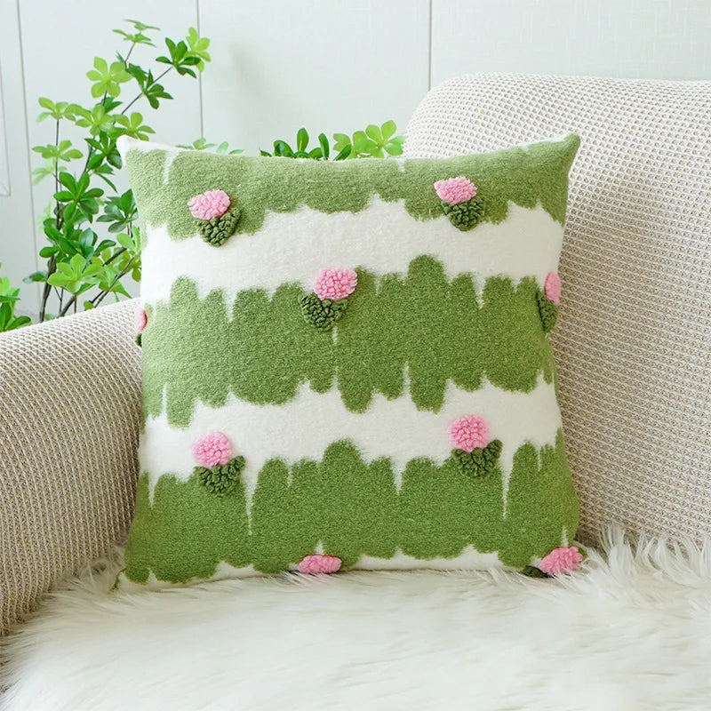 Anypillow Pillowcase Green With Pink Flower Embroidered Decorative Cushion Cover