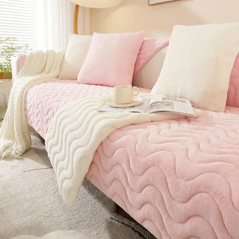 Anyseat Sofa Towel Super Soft Wave Pink Rabbit Plush Quilted Couch Cover L-shaped Sectional Anti-slip Sofa Cover