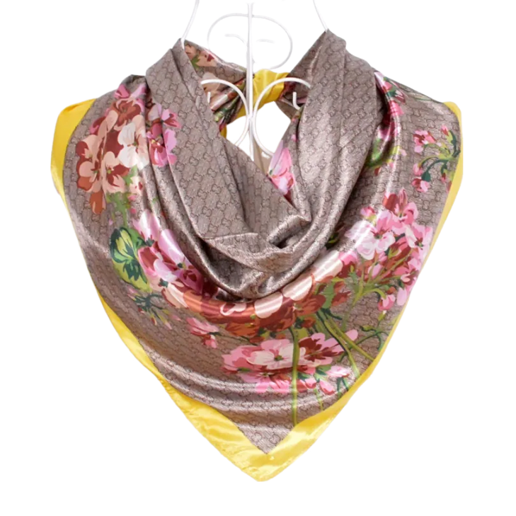 Anyyou Scarf for Women Floral Yellow Print Square Silk Shawl For Summer Spring And Fall