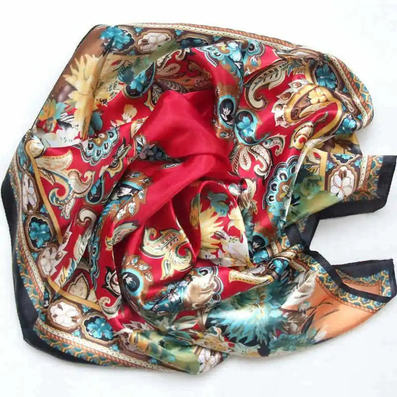 Anyyou Scarf for Women Floral Red Printed Polyester Silk Big Square Silk 90*90cm Satin For Spring Summer Autumn Winter