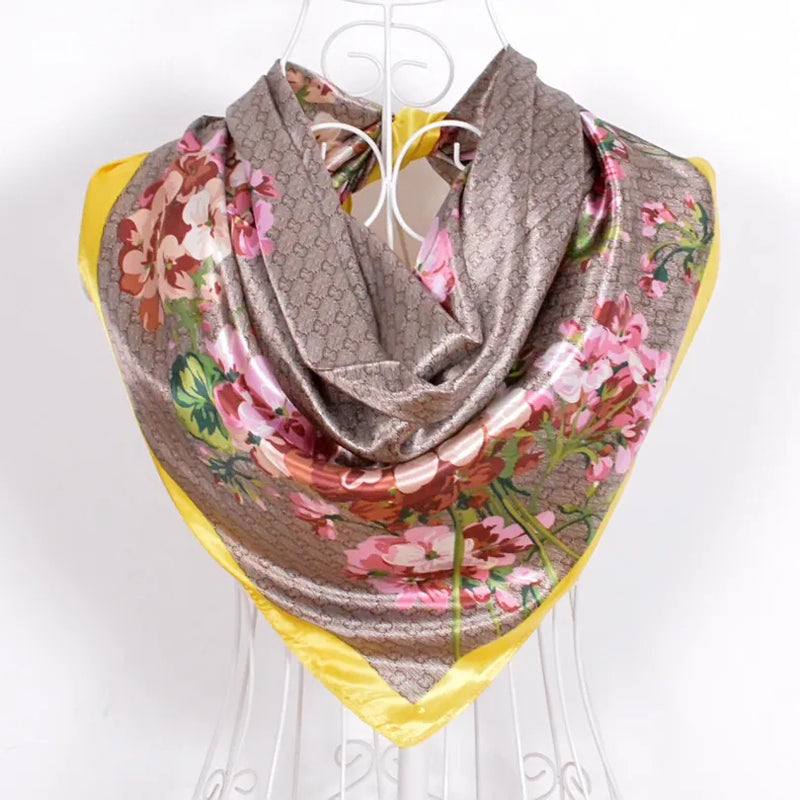 Anyyou Scarf for Women Floral Yellow Print Square Silk Shawl For Summer Spring And Fall