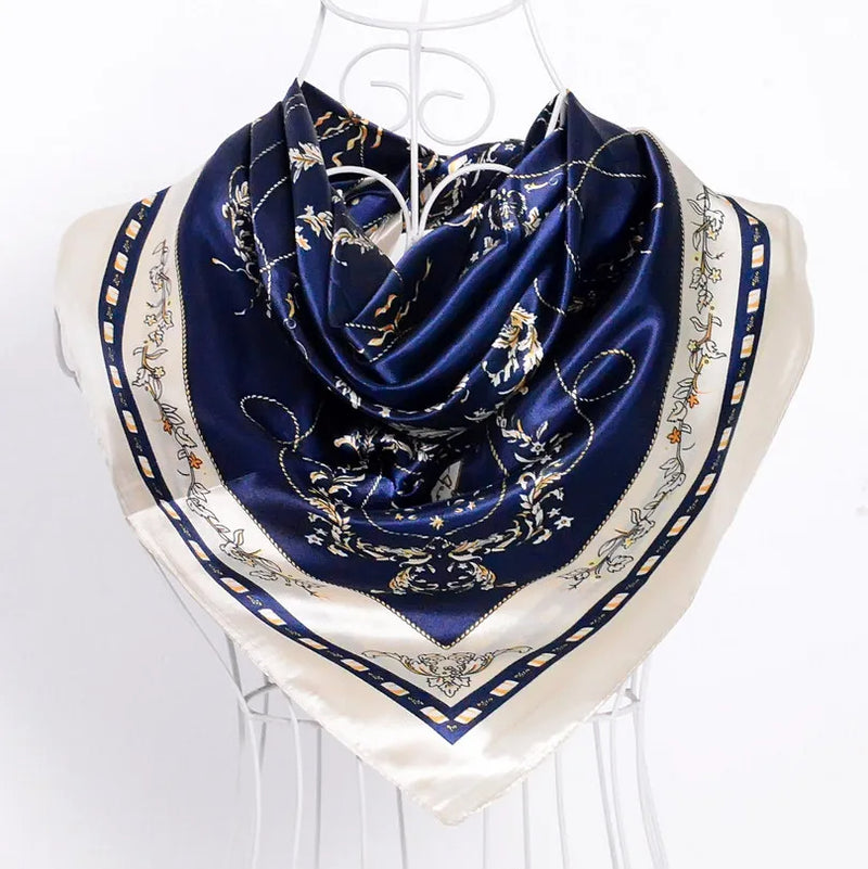 Anyyou Scarf for Women Elegant Navy Blue Satin Silk Shawl Fashion Accessories Chain Flowers Pattern Autumn Winter Scarves