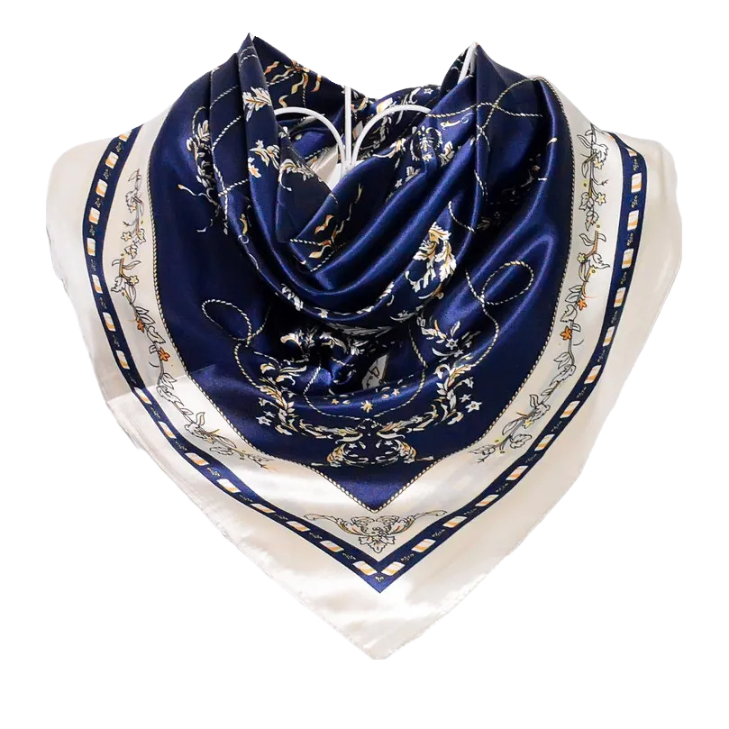 Anyyou Scarf for Women Elegant Navy Blue Satin Silk Shawl Fashion Accessories Chain Flowers Pattern Autumn Winter Scarves