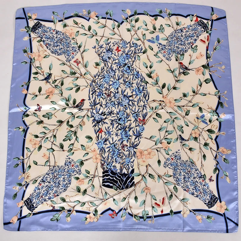 Anyyou Scarf for Women Vase Floral Blue Printed Satin Silk Shawl Fashion Accessories Chain Flowers Pattern Autumn Winter Scarves