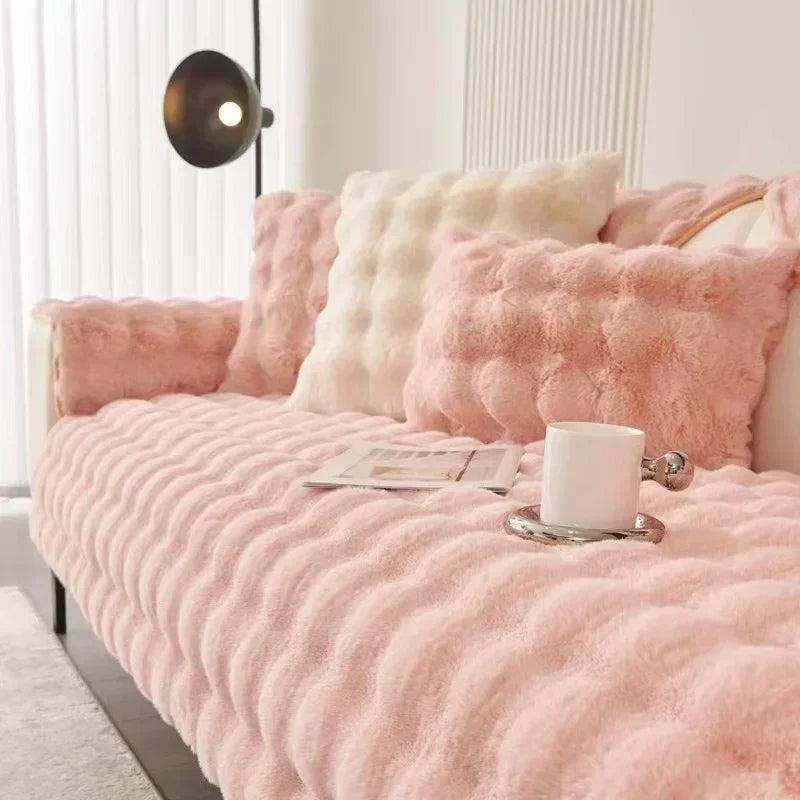 Anyseat Sofa Towel Super Soft Rabbit Plush Pink Thicken Bubble Velvet Non-slip Sectional Sofa Cover Non-slip L-shaped Couch Cover