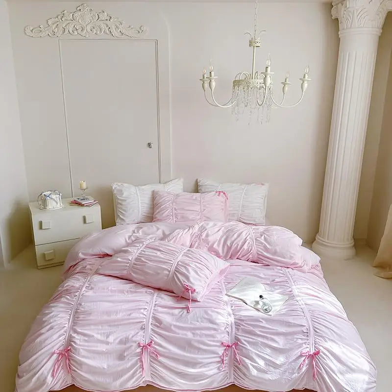 Anycozy Bedding Set Pink Ruffle Pleated Duvet Cover Flat Bed Sheet and Pillowcases Bedroom Decor