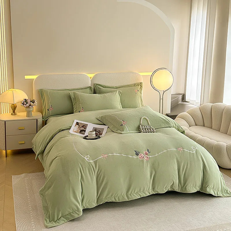 Anycozy Duvet Cover Set Light Green Flat Bed Sheet Soft Heavy Fluffy Floral Embroidery Quilt Bedding