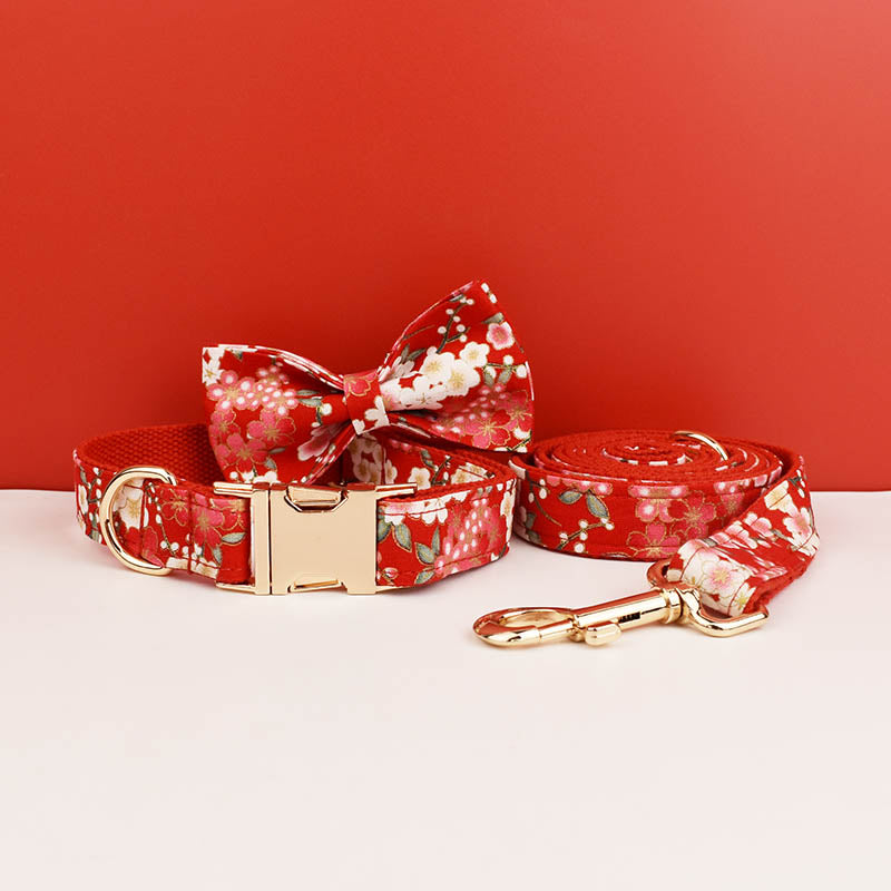 ANYWAGS Pet Bow Collar Leash Set Red Floral Stylish Accessory with Safety Buckle Durable Strap