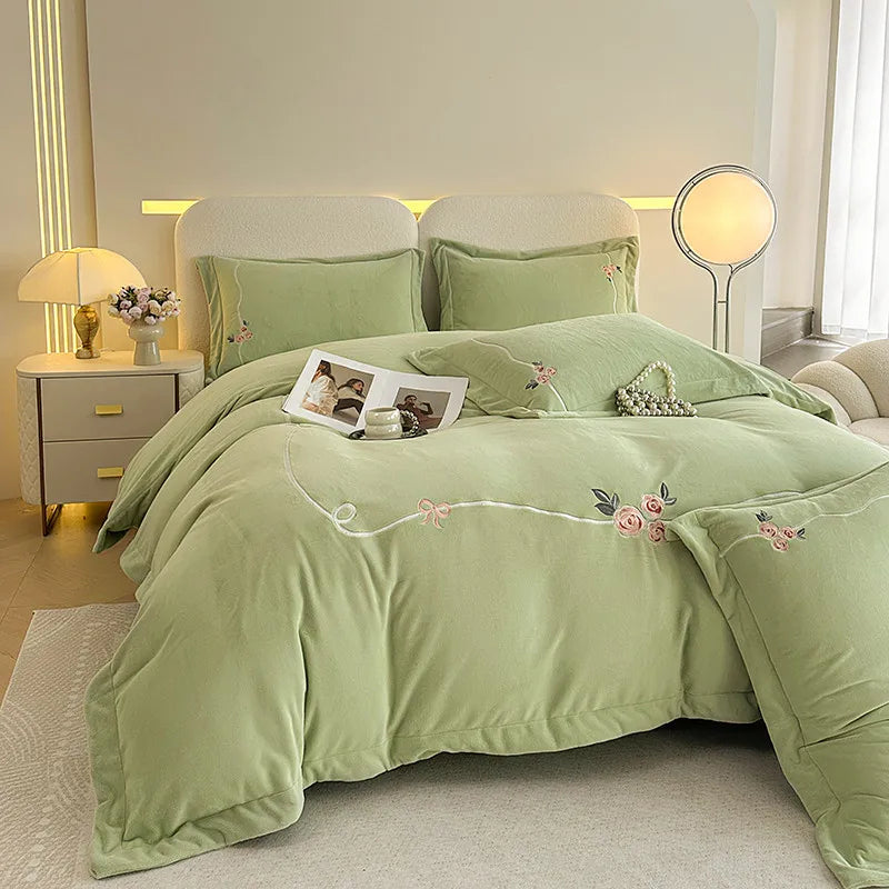 Anycozy Duvet Cover Set Light Green Flat Bed Sheet Soft Heavy Fluffy Floral Embroidery Quilt Bedding