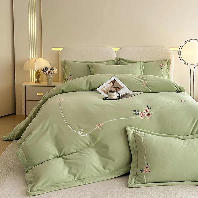 Anycozy Duvet Cover Set Light Green Flat Bed Sheet Soft Heavy Fluffy Floral Embroidery Quilt Bedding