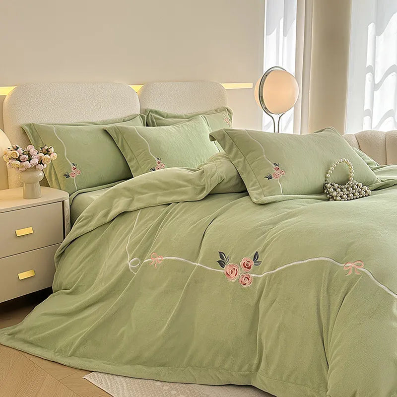 Anycozy Duvet Cover Set Light Green Flat Bed Sheet Soft Heavy Fluffy Floral Embroidery Quilt Bedding