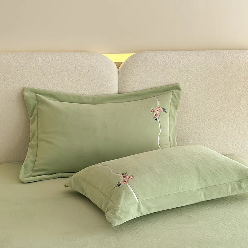 Anycozy Duvet Cover Set Light Green Flat Bed Sheet Soft Heavy Fluffy Floral Embroidery Quilt Bedding