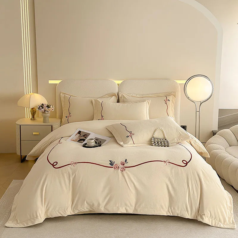 Anycozy Duvet Cover Set White Flat Bed Sheet Heavy Fluffy Floral Embroidery Quilt Bedding