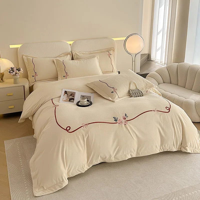 Anycozy Duvet Cover Set White Flat Bed Sheet Heavy Fluffy Floral Embroidery Quilt Bedding