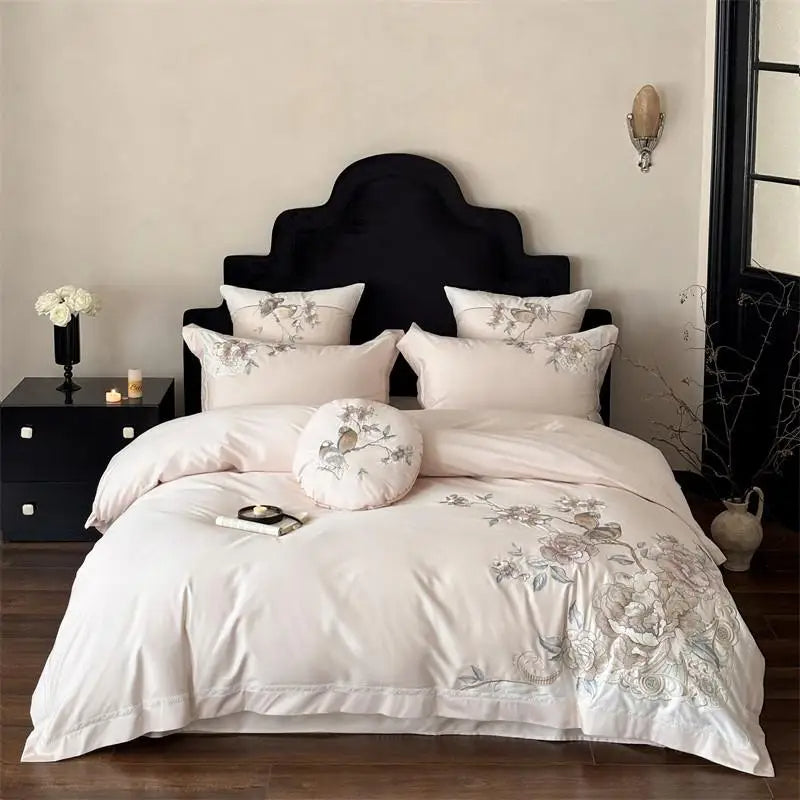 Anycozy Duvet Cover Set Light Pink Fitted Bed Sheet Ultra Soft Egyptian Cotton Embroidery Luxury Bedding