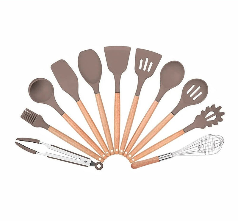 Anygleam Kitchen Utensils 11 Set Natural Beech Wooden Handle Cookware Tool Heat Resistant Non Stick Accessories