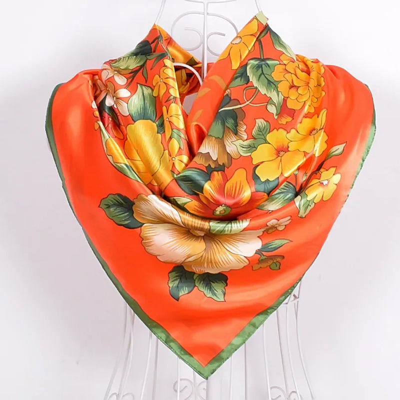 Anyyou Scarf for Women Peony Orange Print Square Silk Shawl For Summer Spring And Fall