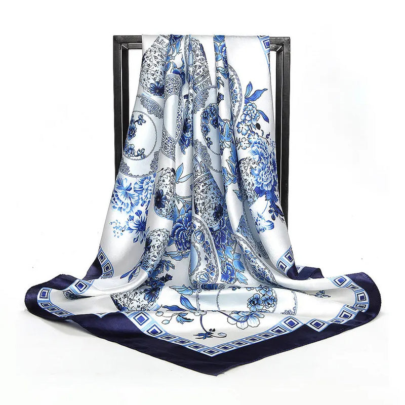 Anyyou Scarf for Women Blue White Vase Satin Silk Shawl Fashion Accessories Chain Flowers Pattern Autumn Winter Scarves