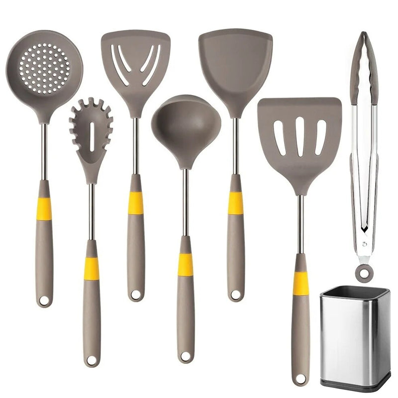 Anygleam Cooking Utensil 7 Set Khaki Heat Resistant Tools with 1 Storage for Spatula Kit Kitchen Accessories Kitchenware for Nonstick Cookware