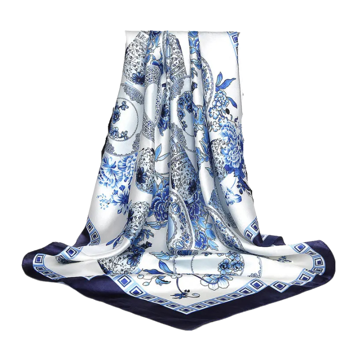 Anyyou Scarf for Women Blue White Vase Satin Silk Shawl Fashion Accessories Chain Flowers Pattern Autumn Winter Scarves