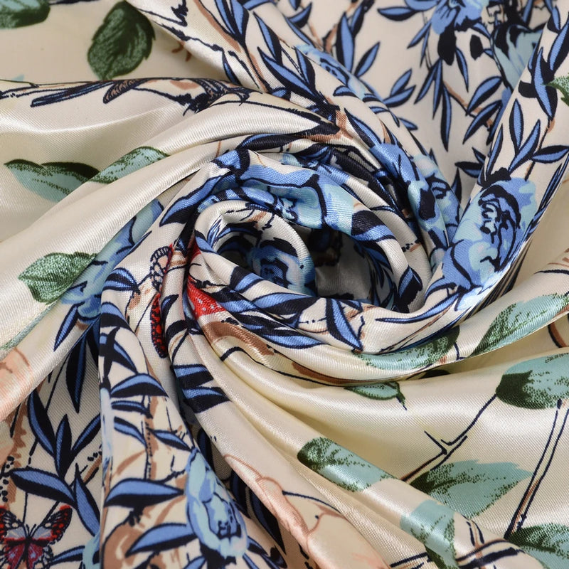 Anyyou Scarf for Women Vase Floral Blue Printed Satin Silk Shawl Fashion Accessories Chain Flowers Pattern Autumn Winter Scarves