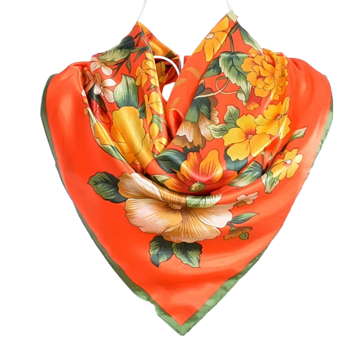Anyyou Scarf for Women Peony Orange Print Square Silk Shawl For Summer Spring And Fall