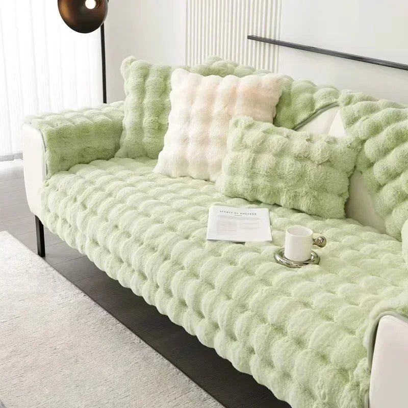 Anyseat Sofa Towel Super Soft Rabbit Plush Light Green Thicken Bubble Velvet Non-slip Sectional Sofa Cover Non-slip L-shaped Couch Cover