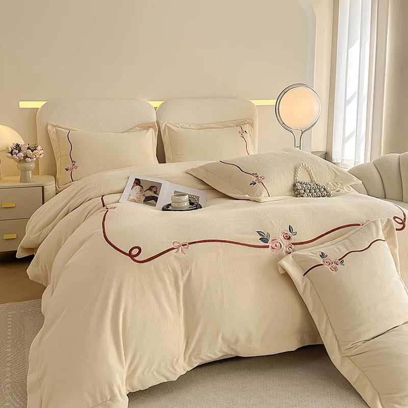 Anycozy Duvet Cover Set White Flat Bed Sheet Heavy Fluffy Floral Embroidery Quilt Bedding