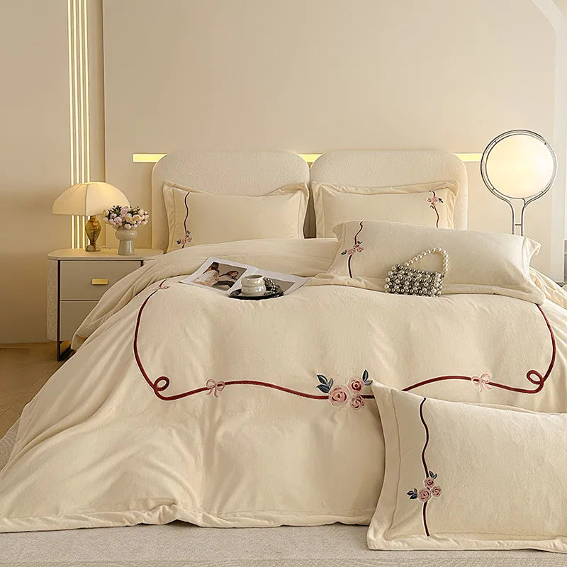 Anycozy Duvet Cover Set White Flat Bed Sheet Heavy Fluffy Floral Embroidery Quilt Bedding