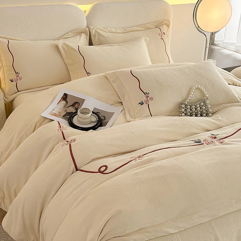 Anycozy Duvet Cover Set White Flat Bed Sheet Heavy Fluffy Floral Embroidery Quilt Bedding